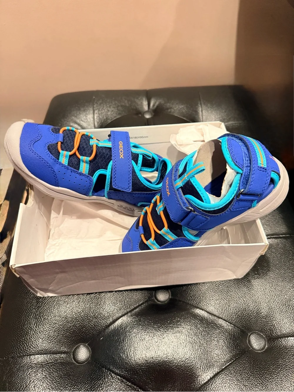 Geox Blue and Aqua Kids Hook-and-Loop Sandals with Orange Accents